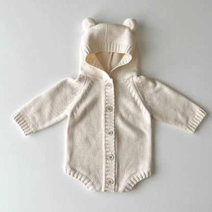 Knitted Solid Color Hooded Baby Romper