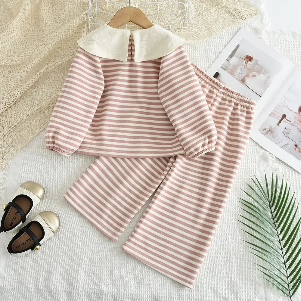 Stripe Collar Long Sleeve Top And Pants Set
