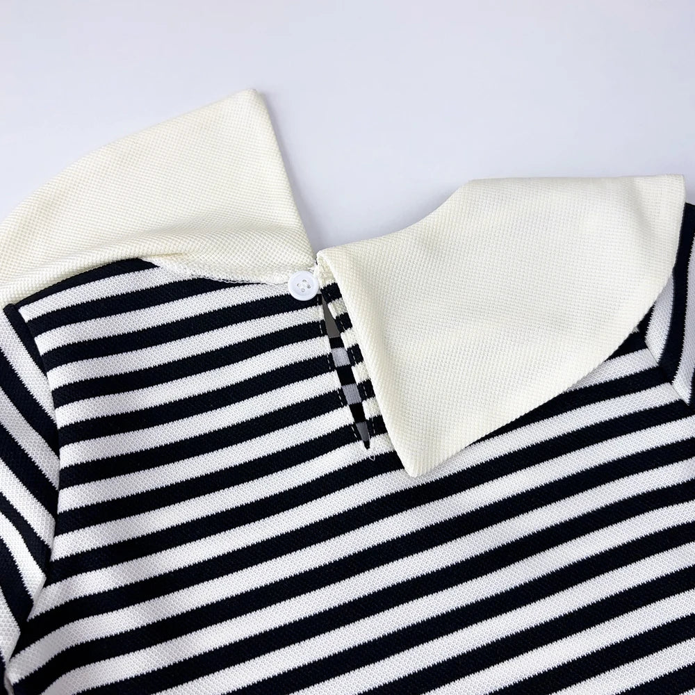 Stripe Collar Long Sleeve Top And Pants Set