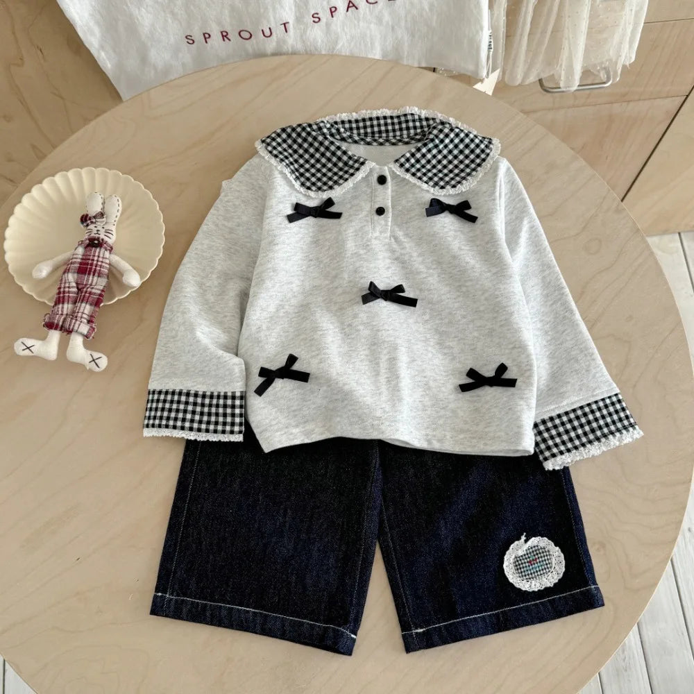 Collared Checkered Bow Top & Lace Wide Leg Pants Set