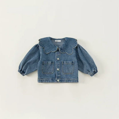 Korean Style Denim Coat With Ruffle Collar