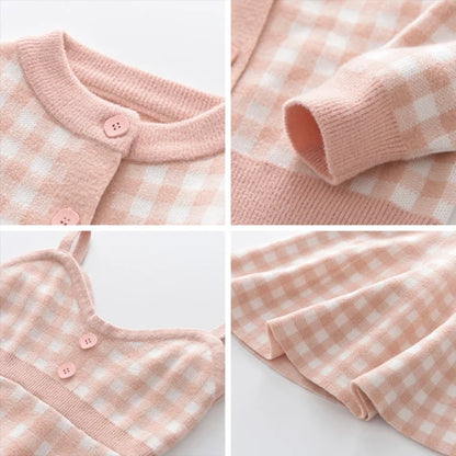 Sweater Cardigan & Pleated V-Neck Camisole Dress Set