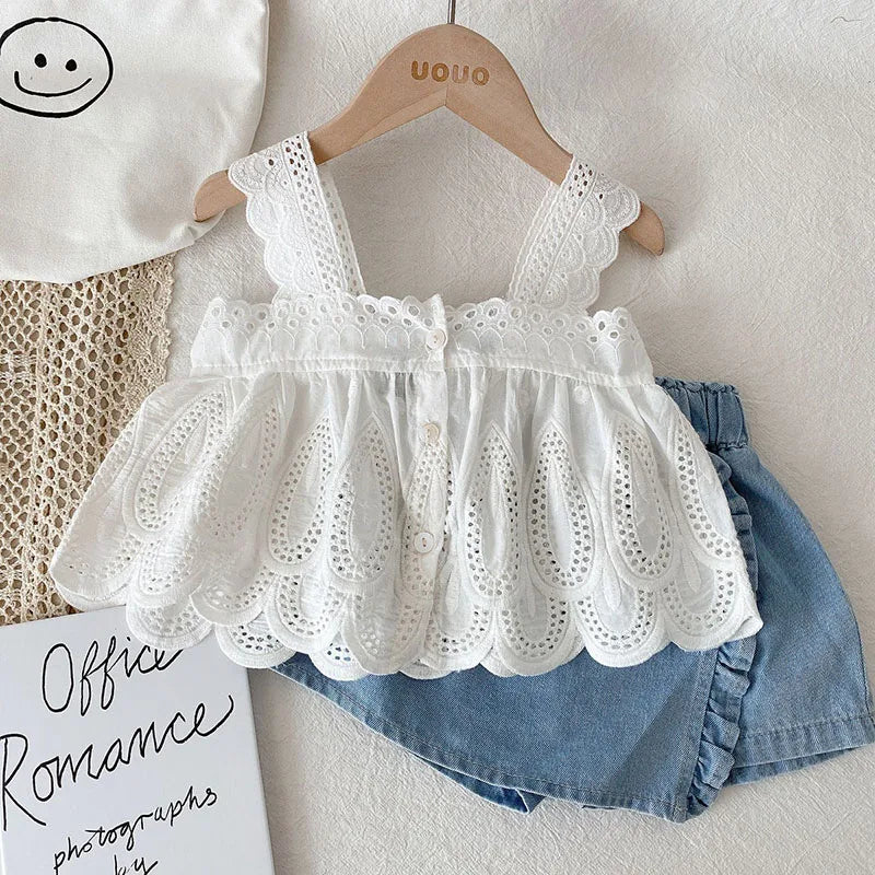 2PCS Summer Girls White Lace Halter Top & Denim Shorts Set Breathable Cotton & Elastic Waist