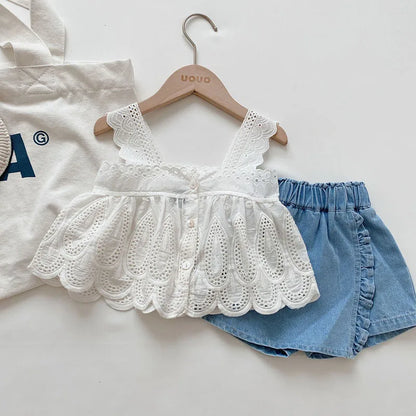 2PCS Summer Girls White Lace Halter Top & Denim Shorts Set Breathable Cotton & Elastic Waist