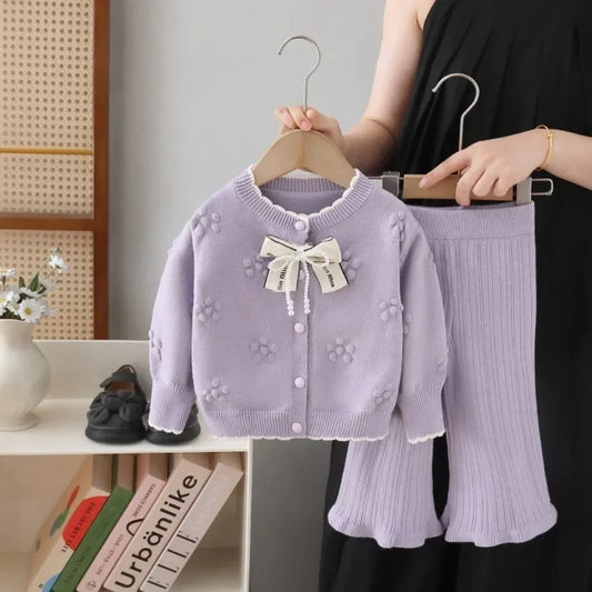 Knitted Sweater with Bow & Pants Set