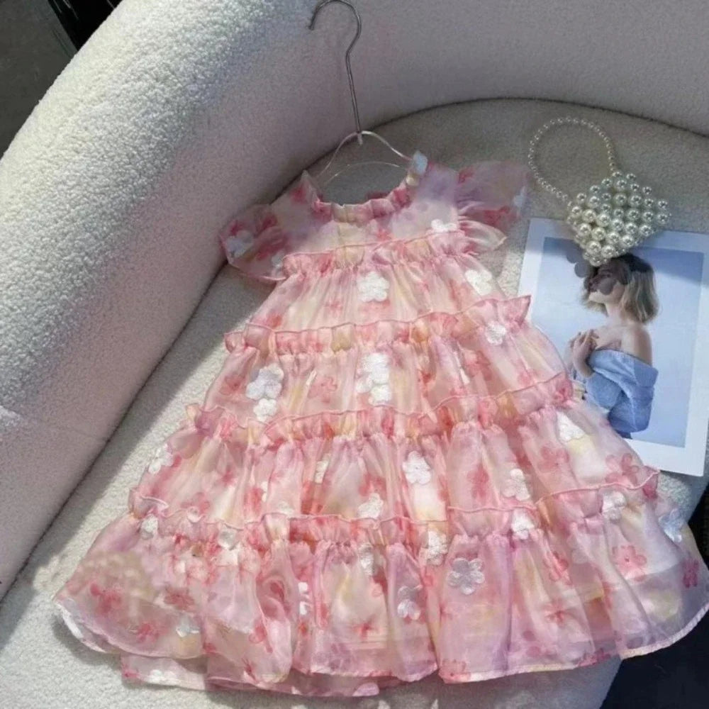Pink Lace Floral Puff Cake Princess Dress