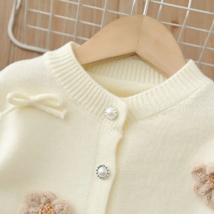 Sweet and Cute Flower Knitted Cardigan & Pleated Skirt Two-Piece Set