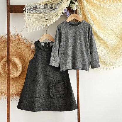 Gray Sleeveless Pocket Vest Dress & Long Sleeved Top Two-piece Set