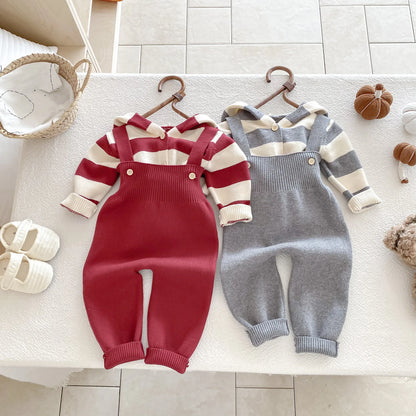 Hooded Knit Cardigan And Solid Overalls Set
