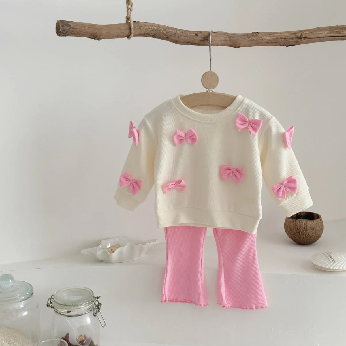 Bowknot Long Sleeved & Pink Flared Trousers Set