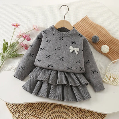 Bow Sweater And Pleated Skirt Set