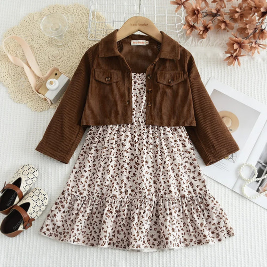 Coffee Corduroy Coat & Floral Strap Dress Set