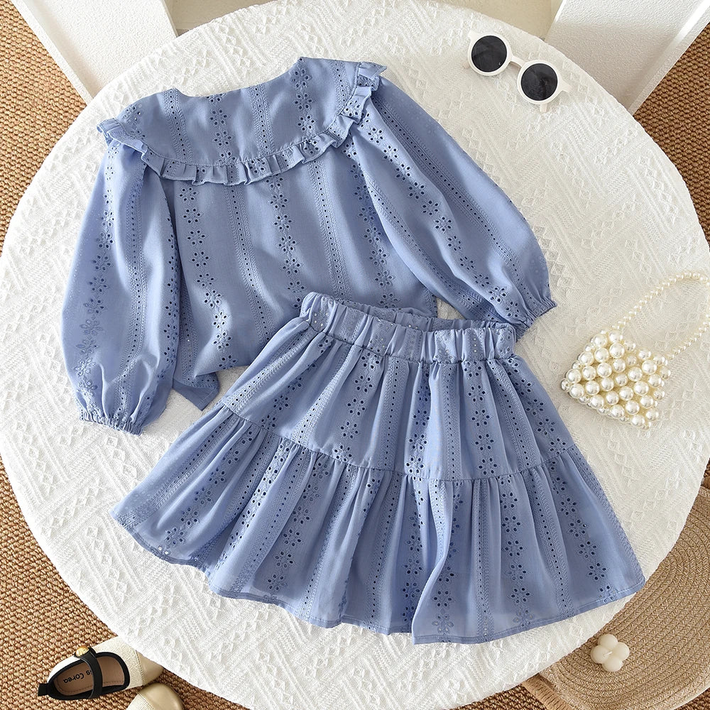 Flower Embroidery Doll Collar Shirt Top & Skirt Set