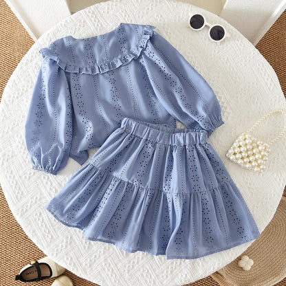 Flower Embroidery Doll Collar Shirt Top & Skirt Set