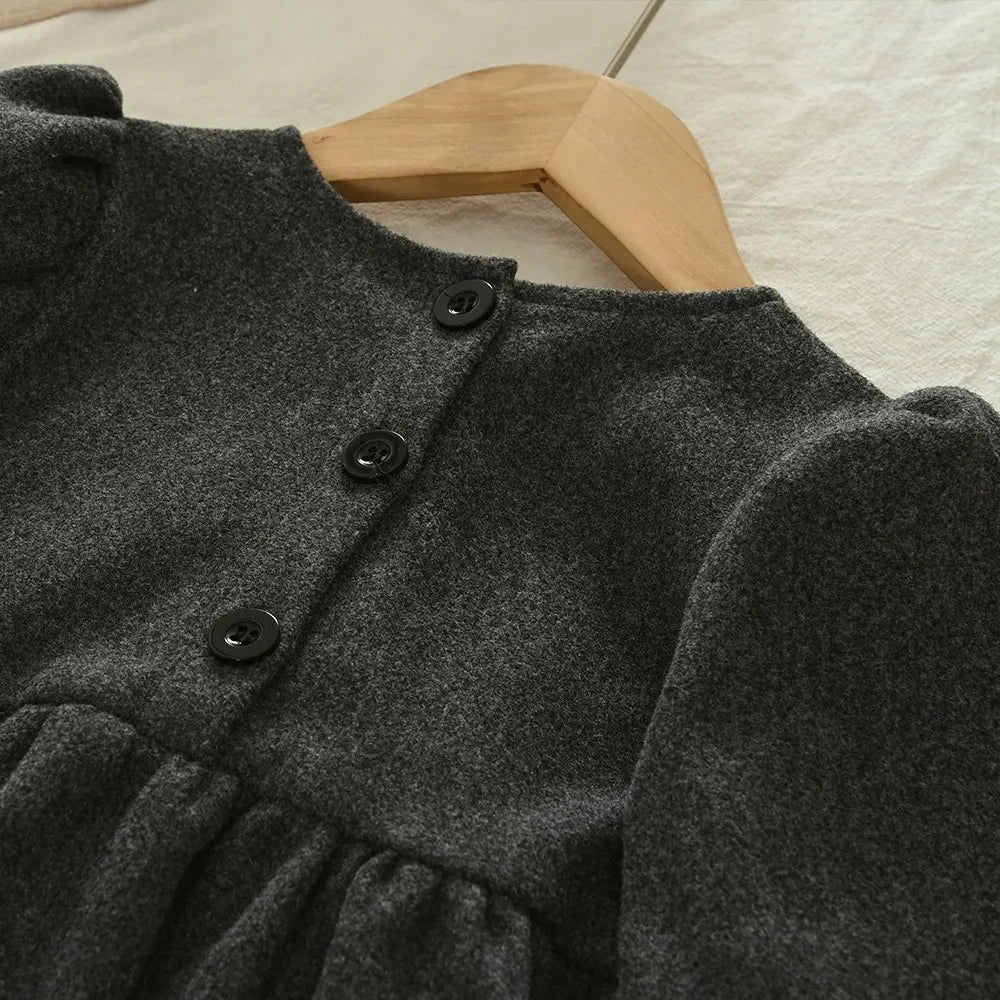 Solid Color Grey Long Sleeve Bow Dress