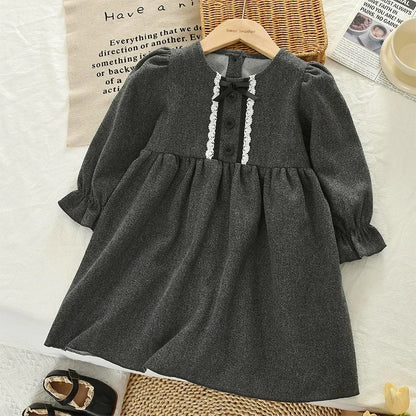 Solid Color Grey Long Sleeve Bow Dress