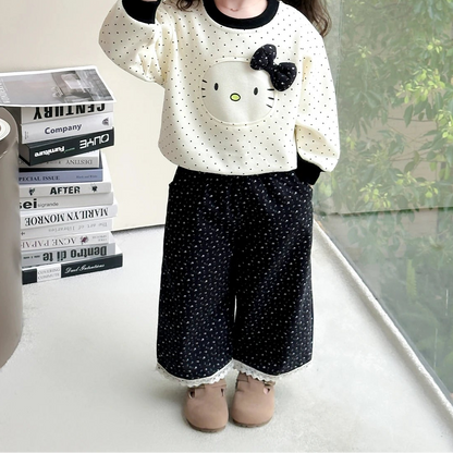 Polka Dot Sweatshirt and Lace Wide Leg Pants 2Pcs Set