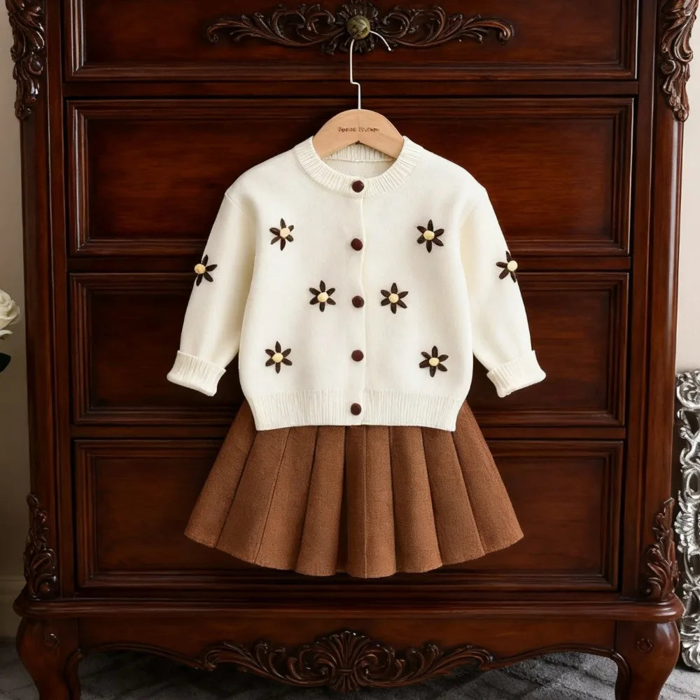 Beige Daisy Sweater Cardigan & Coffee Skirt 2Pcs