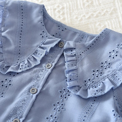 Flower Embroidery Doll Collar Shirt Top & Skirt Set