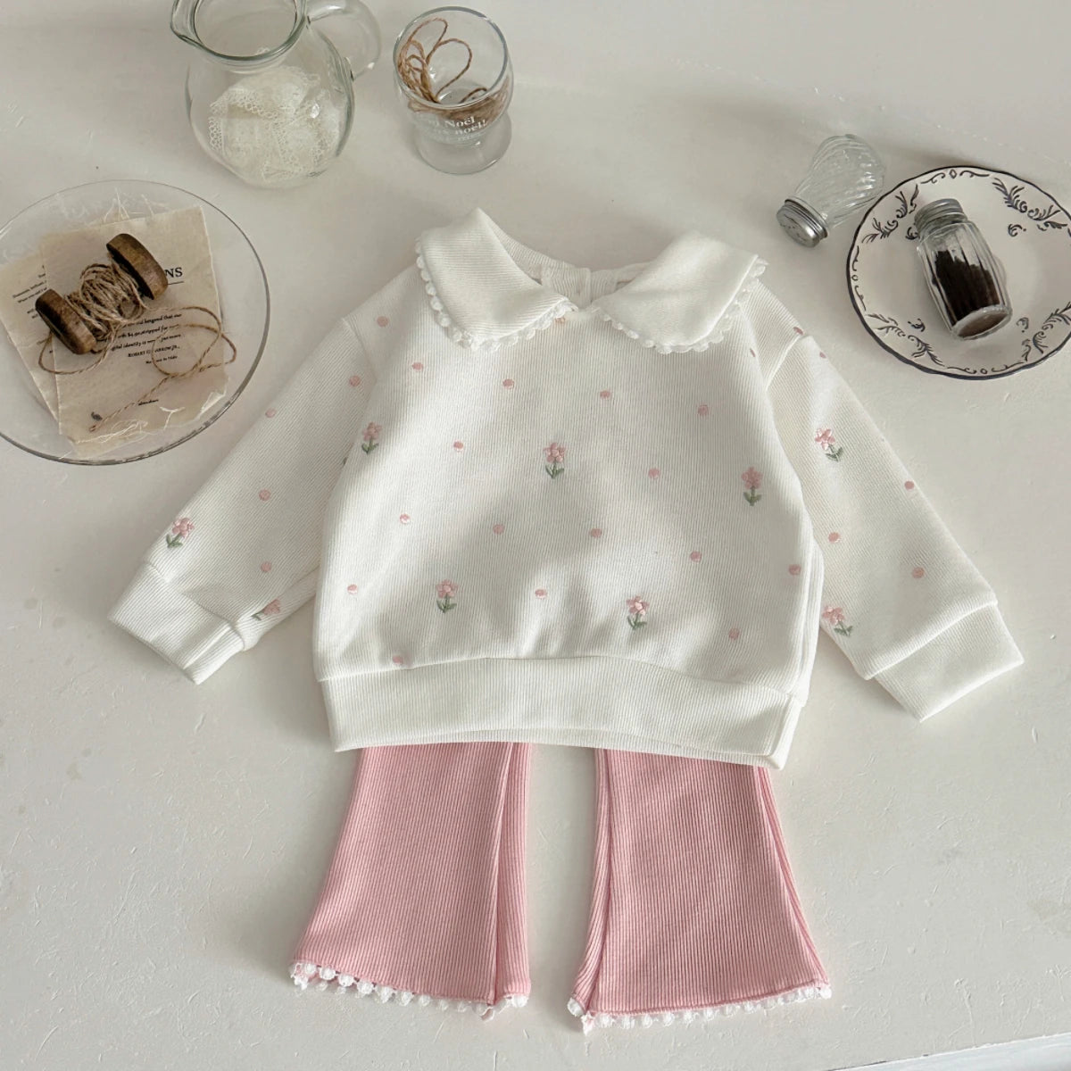 New Girls Floral Embroidered Top & Bottom Baby Set