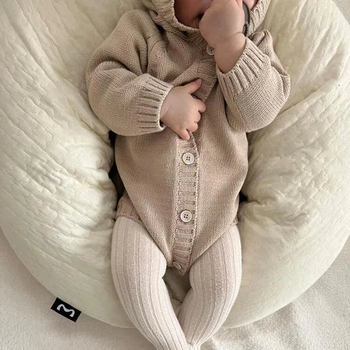 Knitted Solid Color Hooded Baby Romper