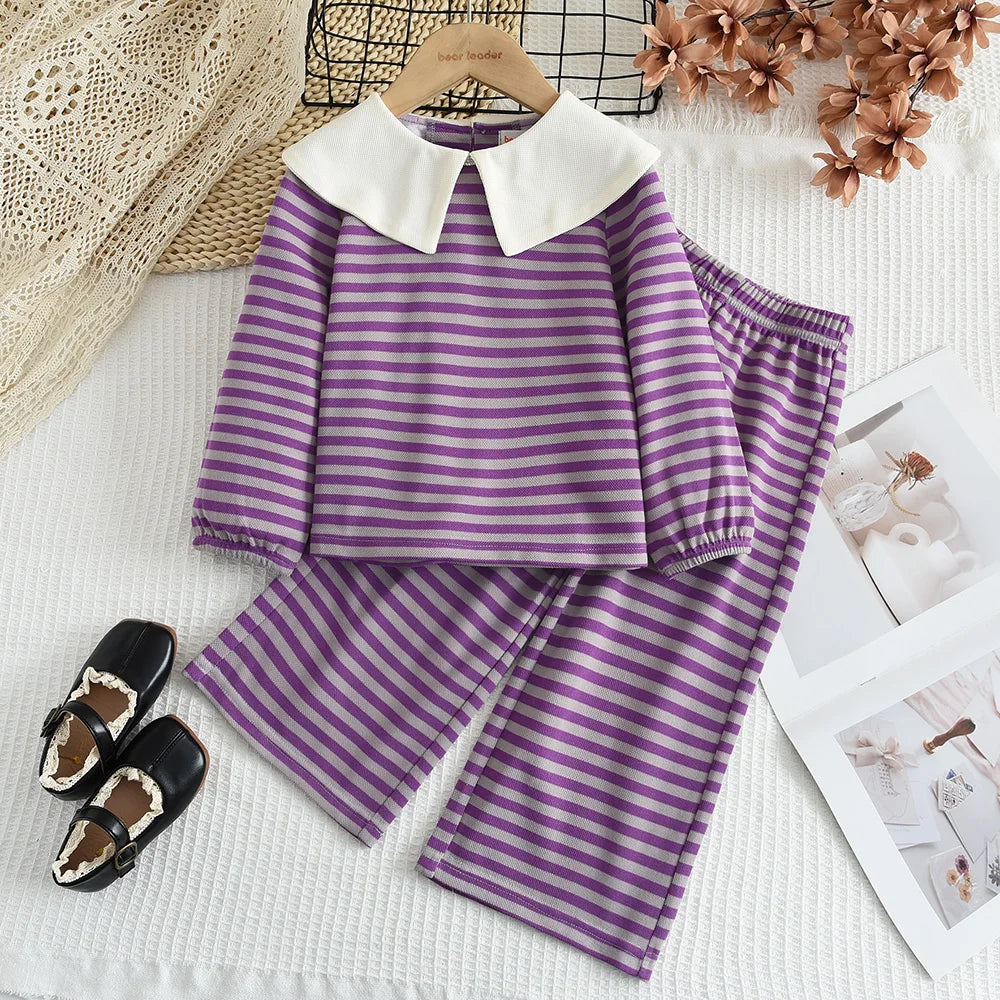Stripe Collar Long Sleeve Top And Pants Set