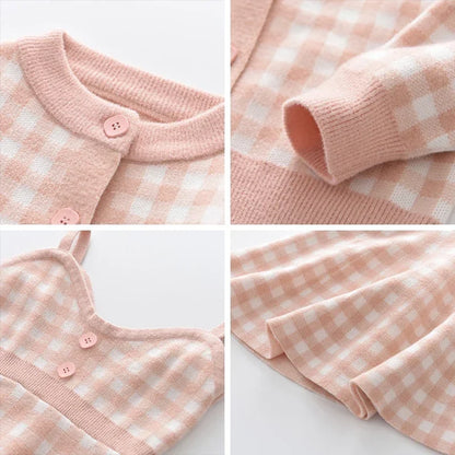 Sweater Cardigan & Pleated V-Neck Camisole Dress Set