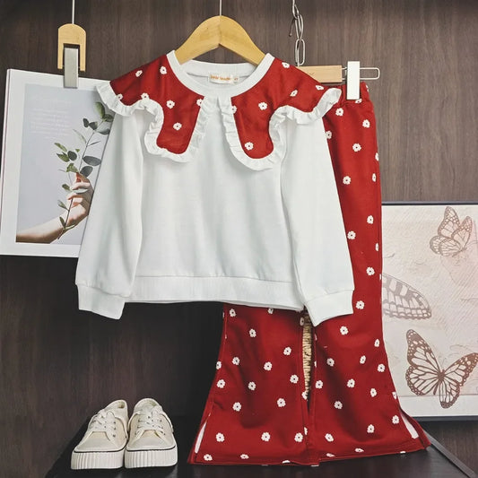 Collar T-shirt Top & Flower Pants Two-Piece Set