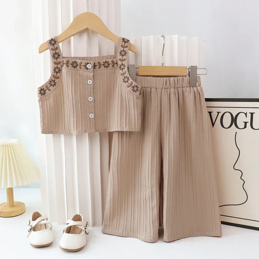 Embroidered Top & Wide Leg Pants Set