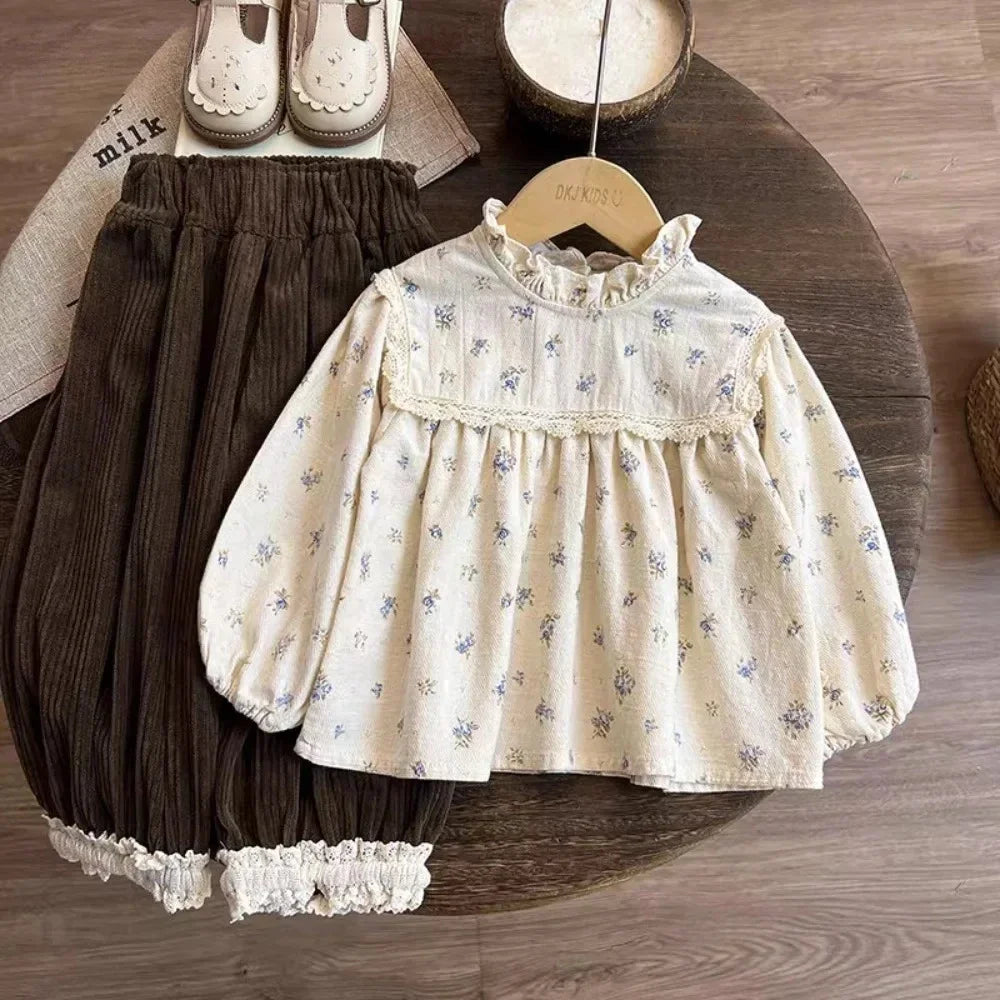 Floral Doll Shirt & Lace Ankle Pants Two-Piece Set