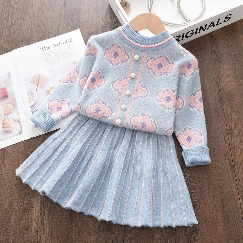 Flower Winter Thick Sweater & Pleated Skirt Two-piece Set