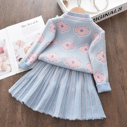 Flower Winter Thick Sweater & Pleated Skirt Two-piece Set