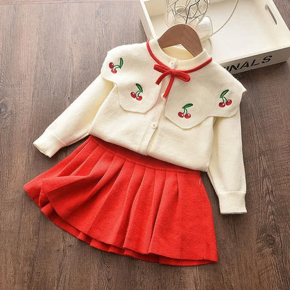 Winter Cute Embroidered Collar Bow Cardigan & Pleated Skirt Two-piece Set