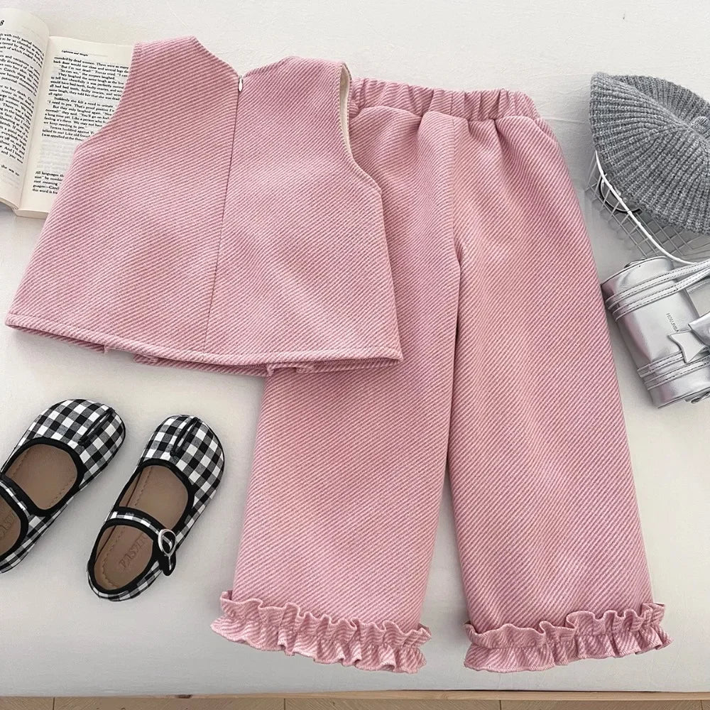 Bow Vest & Lace Wide Leg Pants Two-Piece Set