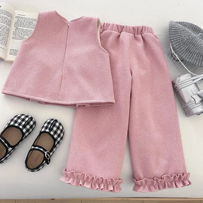 Bow Vest & Lace Wide Leg Pants Two-Piece Set