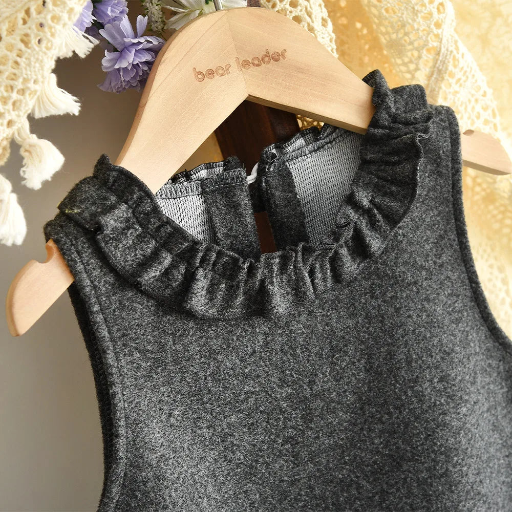 Gray Sleeveless Pocket Vest Dress & Long Sleeved Top Two-piece Set