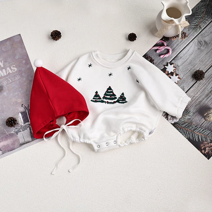 Christmas Fur Lining Bodysuit Christmas Tree Embroidery With Hat