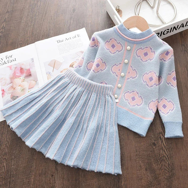 Flower Winter Thick Sweater & Pleated Skirt Two-piece Set