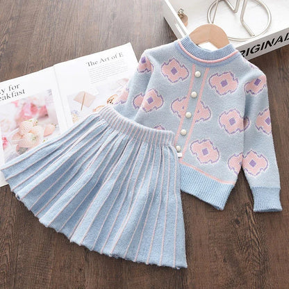 Flower Winter Thick Sweater & Pleated Skirt Two-piece Set