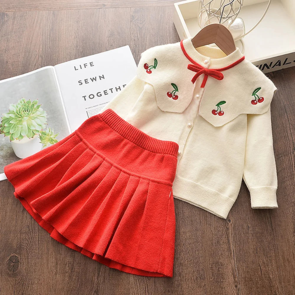 Winter Cute Embroidered Collar Bow Cardigan & Pleated Skirt Two-piece Set