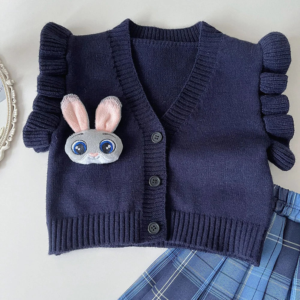 Knitted Vest With Turn-Down Collar & Plaid Skirt - 3pc Set Outfit