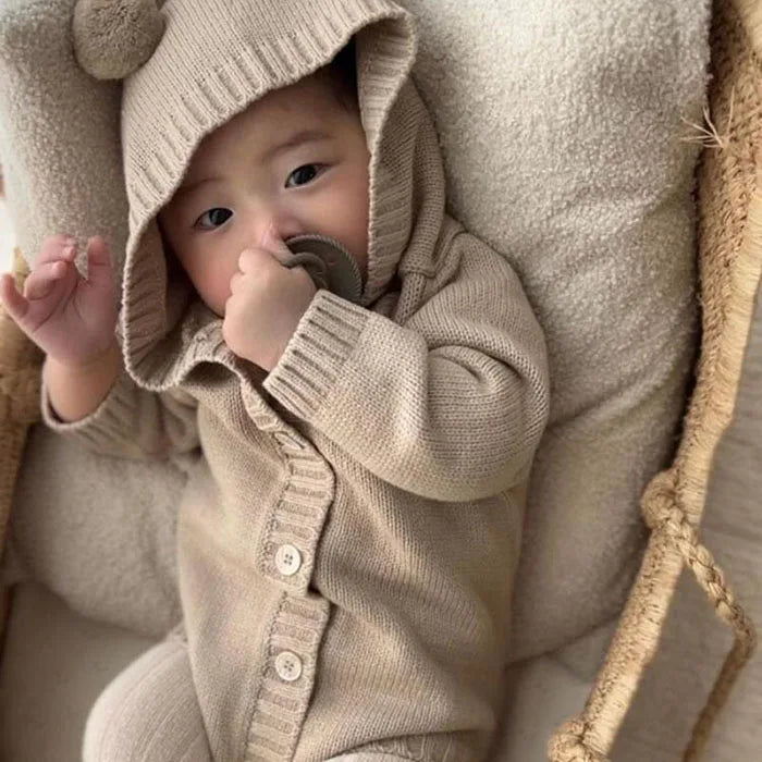Knitted Solid Color Hooded Baby Romper