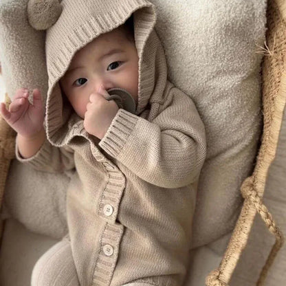 Knitted Solid Color Hooded Baby Romper