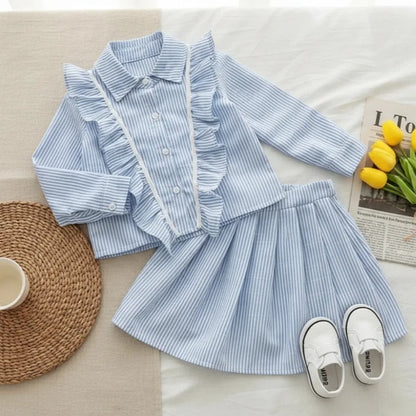 Striped Ruffled Shirt & Skirt 2Pcs Set