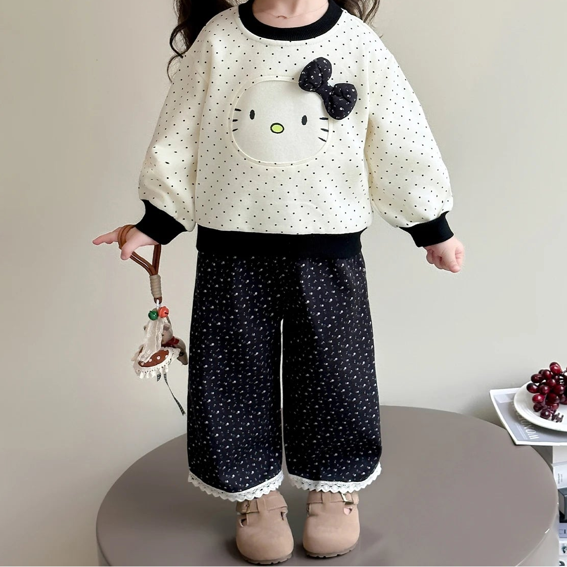Polka Dot Sweatshirt and Lace Wide Leg Pants 2Pcs Set