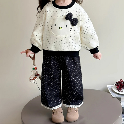 Polka Dot Sweatshirt and Lace Wide Leg Pants 2Pcs Set