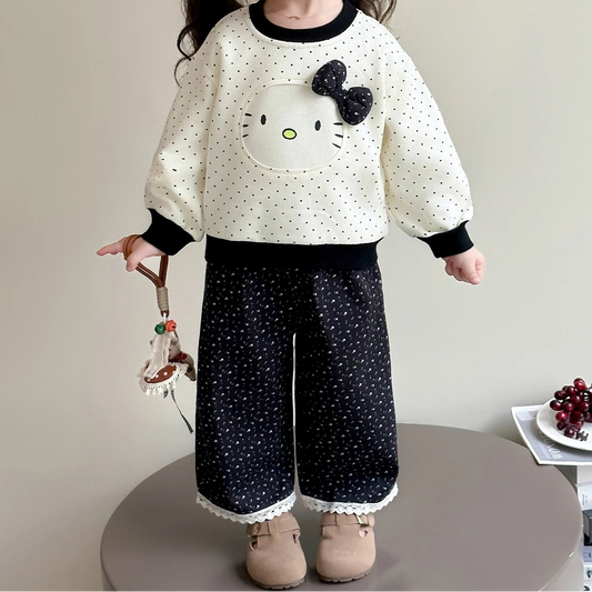 Polka Dot Sweatshirt and Lace Wide Leg Pants 2Pcs Set