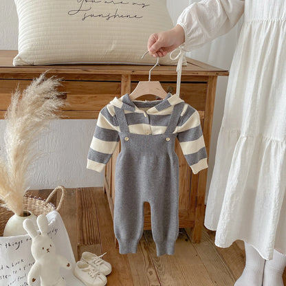 Hooded Knit Cardigan And Solid Overalls Set