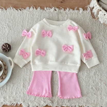 Bowknot Long Sleeved & Pink Flared Trousers Set